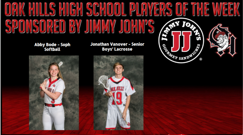 Jimmy John's Players of the Week for April 26th. Emma Bode Softball, Jonathon Vanover Boys' Lacrosse